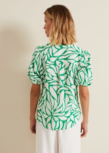 Phase Eight Louanna Linen Printed Shirts Green/White USA | 1784605-BR